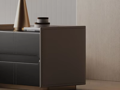 Modern Black Leather Nightstand With Stitched Details Gold Accents And Decor On Top 3d model