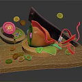 Sharp Knife On Wooden Cutting Board With Red Fruit Sliced Bowl And Gold Coins