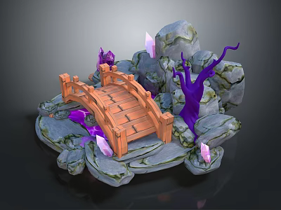 Cartoon Scene Featuring Wooden Bridge Gray Rocks Purple Twisted Plants And Pink Crystals 3d model