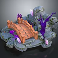Cartoon Scene Featuring Wooden Bridge Gray Rocks Purple Twisted Plants And Pink Crystals