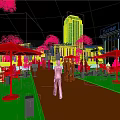 Scenic Night Pedestrian Street With Bright Lighting Shop Signs Pedestrians Trees and Outdoor Seating