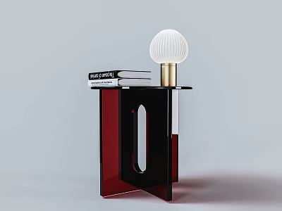 Modern Red Black Stool With Geometric Cutout Books And Lamp On Top 3d model