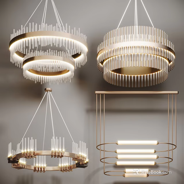 Modern Contemporary Chandeliers With Multi Layer Circular Design Golden Frame And White Light Strips 3d model 