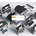 Various Black Grand And Upright Pianos With Stools For Music Instruments
