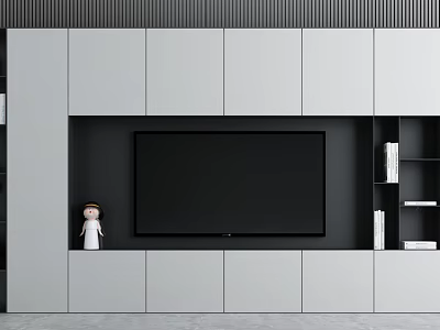 Modern TV Stand Design With Gray White Cabinets Black TV Panel And Open Shelves 3d model