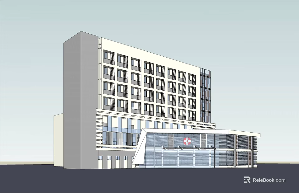 Modern Hospital Building With Glass Facade Multiple Floors And Red Cross Symbol 3d model 