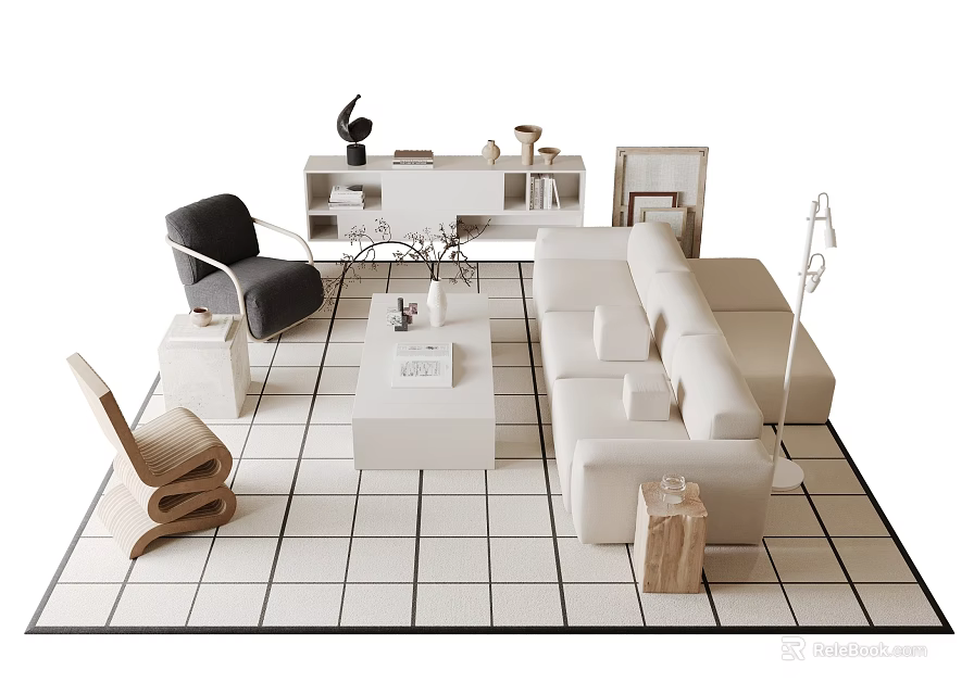 Modern Living Room Sofa Coffee Table Set With Accent Chair Floor Lamp And Decorative Items 3d model 