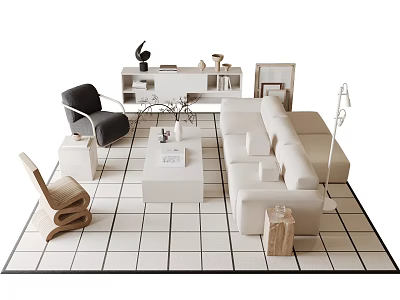 Modern Living Room Sofa Coffee Table Set With Accent Chair Floor Lamp And Decorative Items 3d model