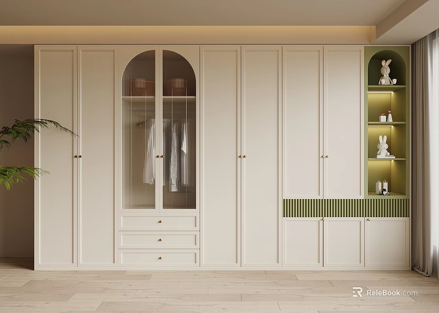 Modern White Wardrobe With Glass Panel Drawers And Green Accent Display Shelves 3d model 