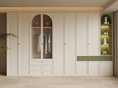 Modern White Wardrobe With Glass Panel Drawers And Green Accent Display Shelves 3d model