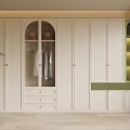Modern White Wardrobe With Glass Panel Drawers And Green Accent Display Shelves