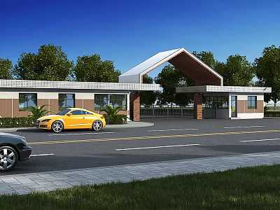 Modern Entrance Gate With Curved Roof Design Surrounding Trees And Yellow Car 3d model