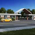 Modern Entrance Gate With Curved Roof Design Surrounding Trees And Yellow Car