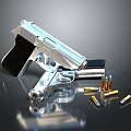 Silver Pistol With Black Grip Magazine And Bullets On Reflective Dark Surface 3d model