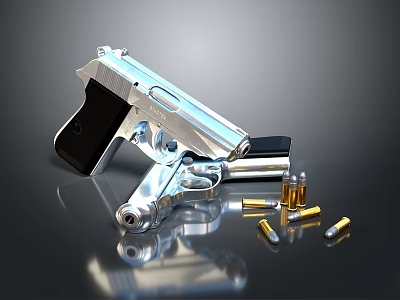 Silver Pistol With Black Grip Magazine And Bullets On Reflective Dark Surface 3d model