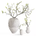 White Ribbed Vase With Green Leaf Branches And Multiple Small Vases For Home Decor 3d model