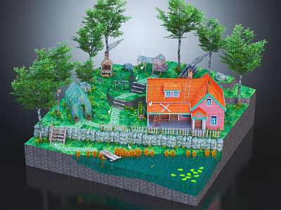 Detailed Miniature Landscape With Colorful House Green Trees Stone Fence And Scenic Pond 3d model
