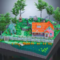 Detailed Miniature Landscape With Colorful House Green Trees Stone Fence And Scenic Pond