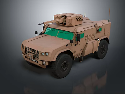 Tan Armored Military Vehicle With Green Windshield And Roof Mounted Equipment 3d model