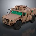 Tan Armored Military Vehicle With Green Windshield And Roof Mounted Equipment