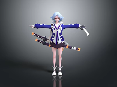 Anime Character With Light Blue Hair Blue White Coat Black Shorts Two Swords Standing Pose 3d model