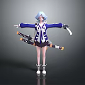 Anime Character With Light Blue Hair Blue White Coat Black Shorts Two Swords Standing Pose