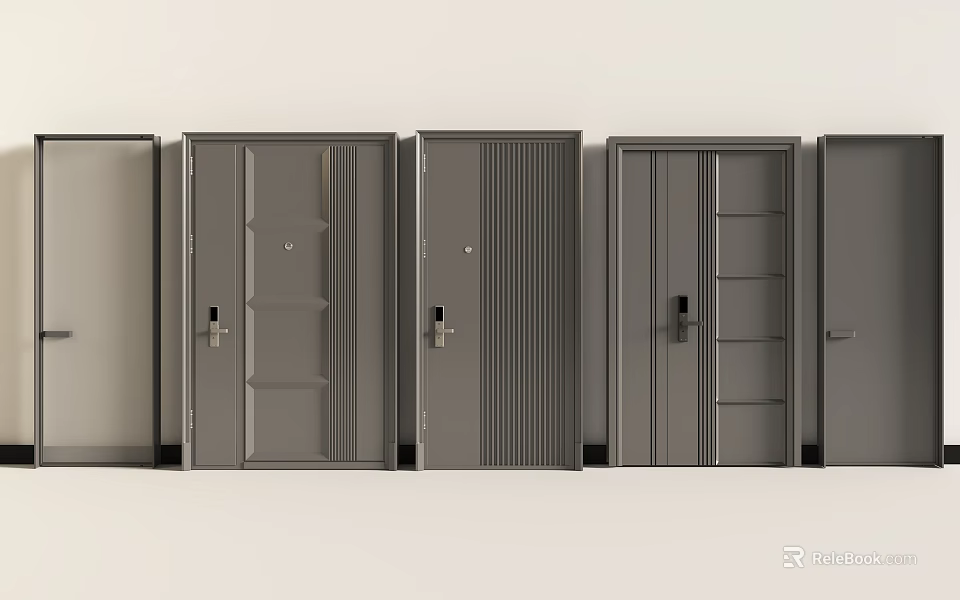 Modern Hinged Doors Featuring Various Panel Designs And Gray Finish For Home Use 3d model