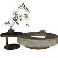 Round Marble Coffee Table with Wooden Side Table Tray Teacups Open Book and Bamboo Plant