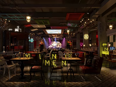 Modern Bar Interior With Neon Menu Lights Chandeliers And Stage Decor 3d model