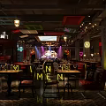Modern Bar Interior With Neon Menu Lights Chandeliers And Stage Decor