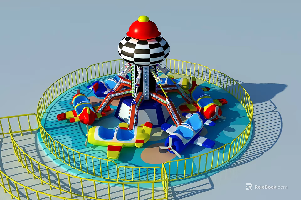 Colorful Kids Rotating Plane Amusement Ride With Central Tower Yellow Fence And Blue Floor 3d model 