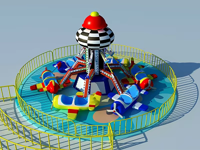 Colorful Kids Rotating Plane Amusement Ride With Central Tower Yellow Fence And Blue Floor 3d model