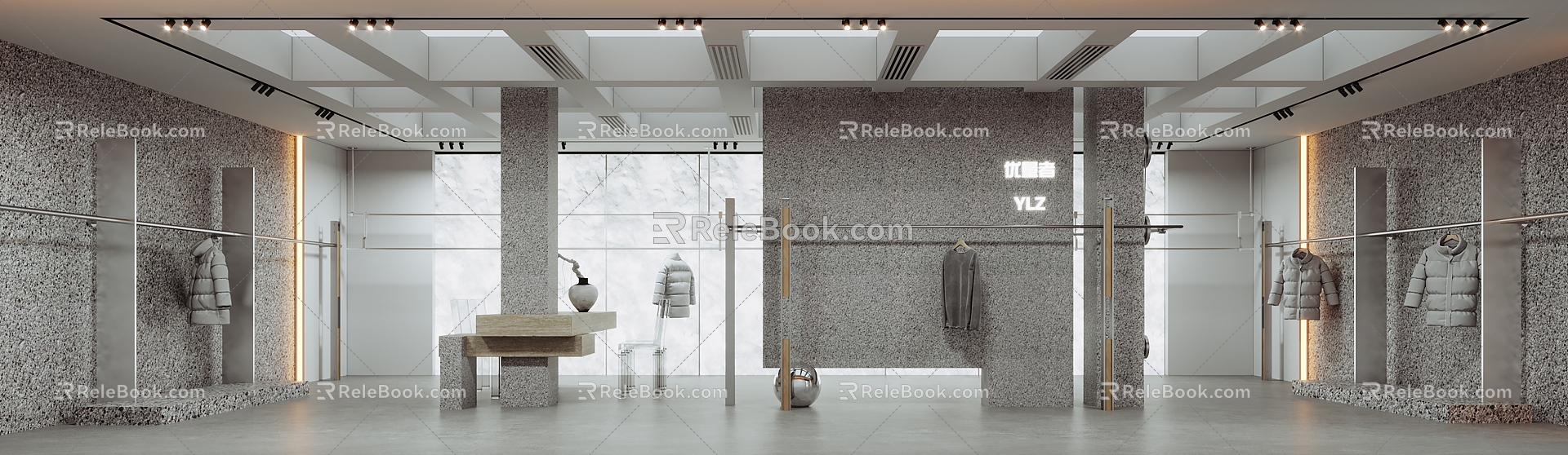 Clothing Store Studio Washed Stone Background Wall DuPont Paper Light Box Clothing Props Dead Branch Pottery Pot Acrylic Table and Chair 3d model