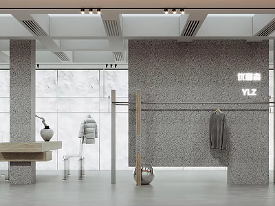 Modern Minimalist Clothing Store Interior Design With Grey Wall Clothing Racks And Clear Chairs 3d model