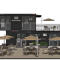Modern Container Building Cafe With Outdoor Seating Umbrellas Glass Windows And Balcony
