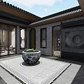 Traditional Chinese Detached Villa With Tile Roof Courtyard Windows And Circular Green Decor