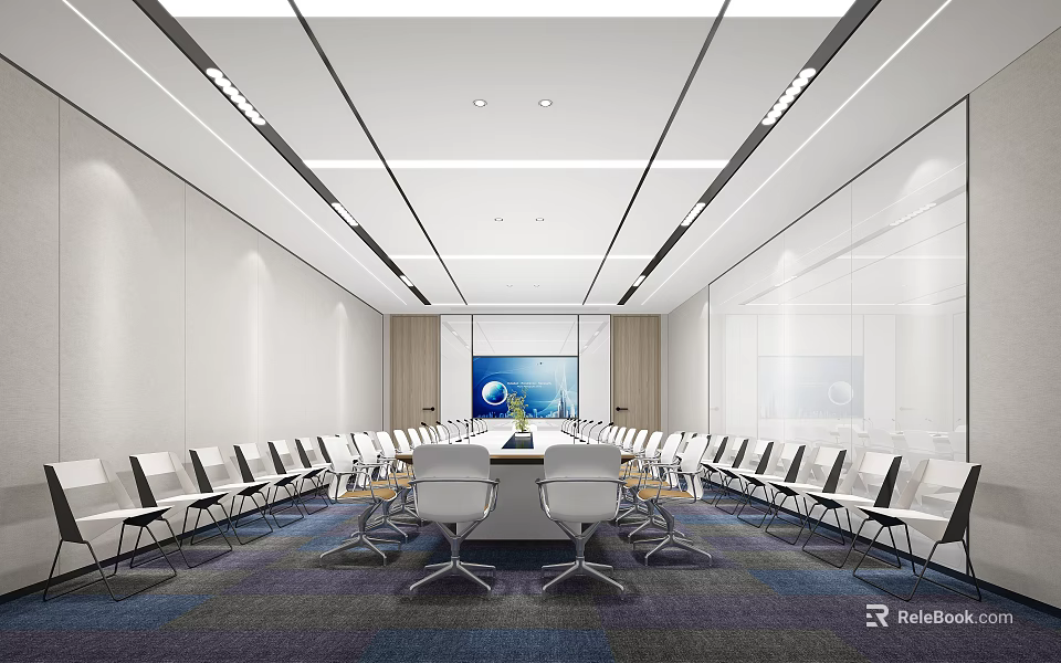 Modern Conference Room Interior With Long Table Comfortable Chairs Large Screen And Ceiling Lighting 3d model