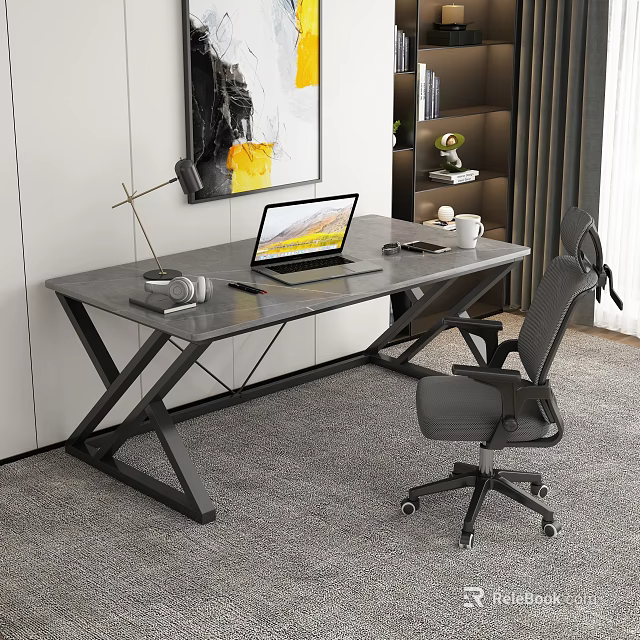 Modern Office Desk With Gray Desktop X Shaped Metal Legs Laptop Headphones And Ergonomic Chair 3d model 