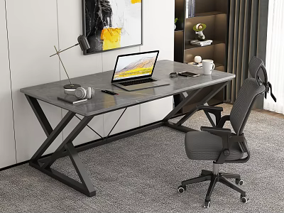 Modern Office Desk With Gray Desktop X Shaped Metal Legs Laptop Headphones And Ergonomic Chair 3d model