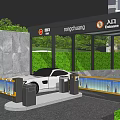 Modern Parking Entrance With Car Automatic Gate Building Signage And Greenery