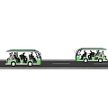 Two Green Open Top Vehicles Transporting Passengers On Urban Road 3d model