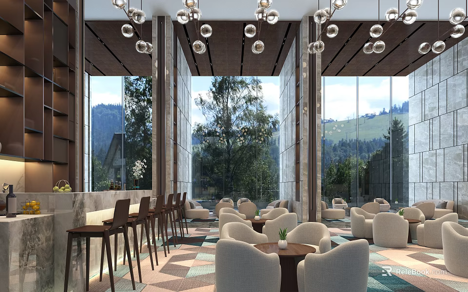 Modern Sales Office Interior With Large Windows Mountain Views Modern Lighting And Comfortable Seating 3d model 