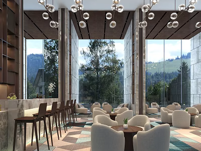 Modern Sales Office Interior With Large Windows Mountain Views Modern Lighting And Comfortable Seating 3d model