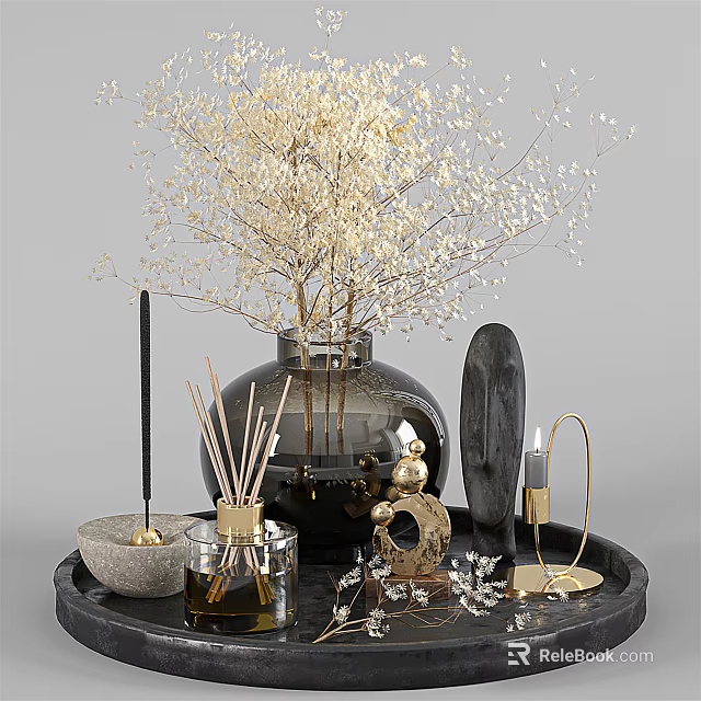 Decorative Ornament Set With Black Tray Clear Vase Dried Flowers Diffuser Sticks And Candle 3d model 