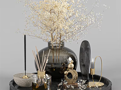 Decorative Ornament Set With Black Tray Clear Vase Dried Flowers Diffuser Sticks And Candle 3d model