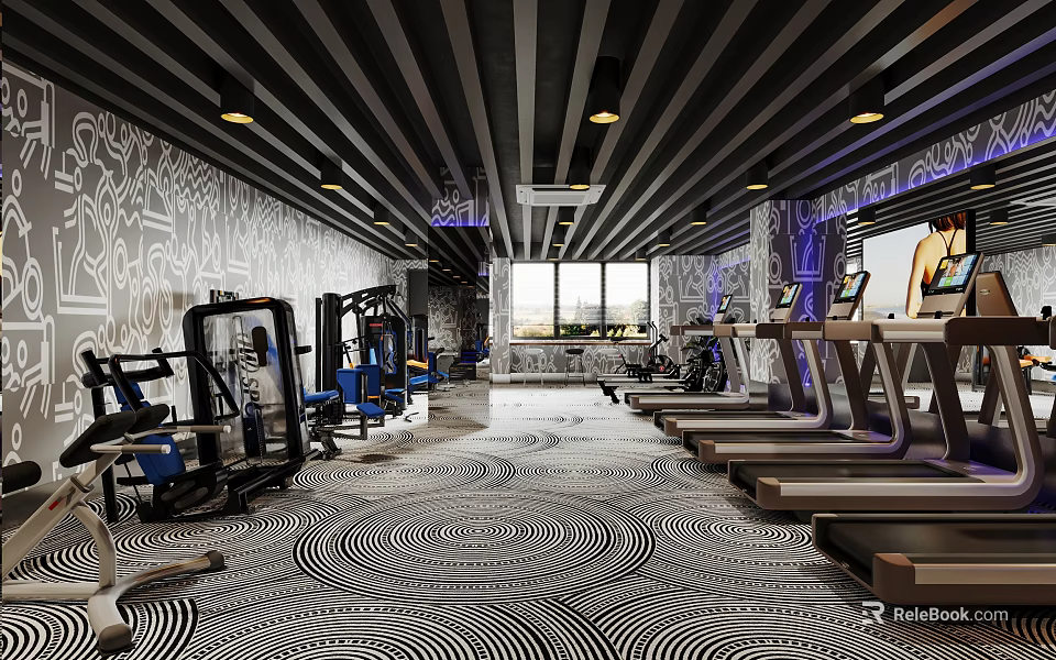 Spacious Modern Fitness Gym With Various Fitness Equipment Black White Patterned Floor And Natural Light 3d model 