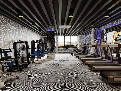 Spacious Modern Fitness Gym With Various Fitness Equipment Black White Patterned Floor And Natural Light 3d model