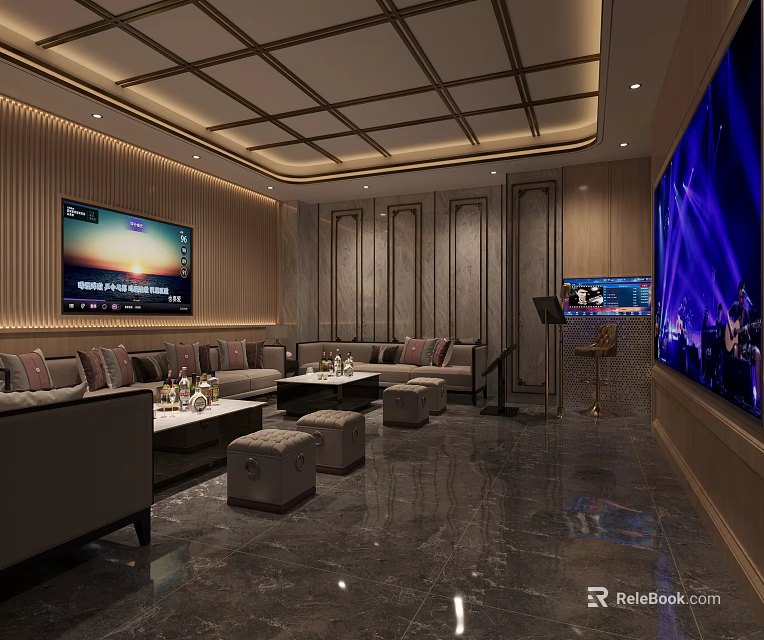 Modern KTV Interior Design With Comfortable Sofa Coffee Tables Large Screen TVs Ambient Lighting And Audio Equipment 3d model 