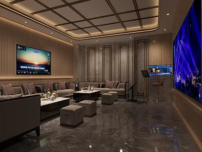 Modern KTV Interior Design With Comfortable Sofa Coffee Tables Large Screen TVs Ambient Lighting And Audio Equipment 3d model