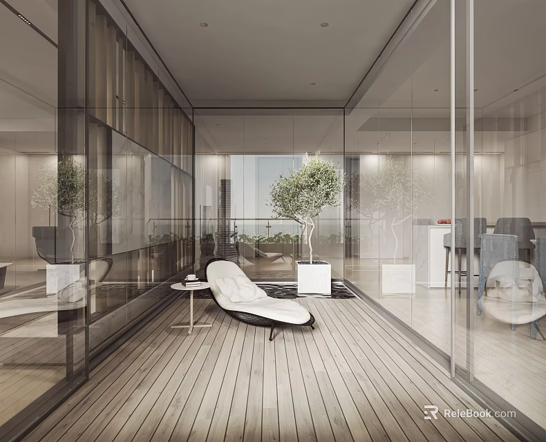 Modern Home Balcony Design with Glass Walls Wooden Flooring White Lounge Chair and Potted Plant 3d model 